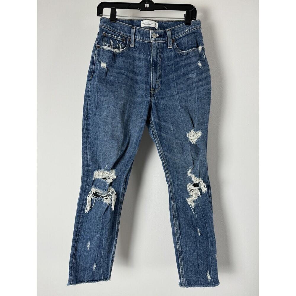 Abercrombie & Fitch High Rise Mom Jean Blue Distressed Raw Hem MINT